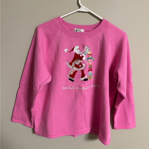 Quacker Factory Pink Fleece Santa Christmas Sweatshirt Size XL Boots Shopping - Picture 1 of 5